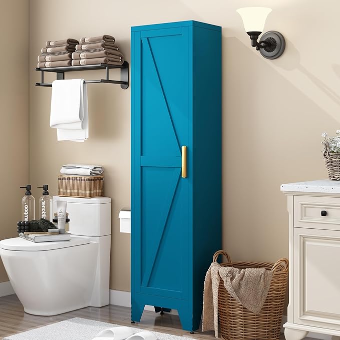 COFaR Tall Bathroom Cabinet, Metal Farmhouse Narrow Slim Storage Cabinet with Adjustable Shelves Barn Door for Bathrooms, Kitchens, Entrances Living Room (Blue)