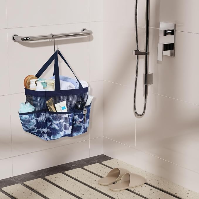 Mesh Shower Caddy Portable - 8 Pockets, S-Hook, Shower Bag for Dorm Camping | 2-Handle, Quick-Dry, Toiletry Organizer, College Dorm Room Essentials for Girls, Gym, Travel & Bathroom, Blue Camouflage