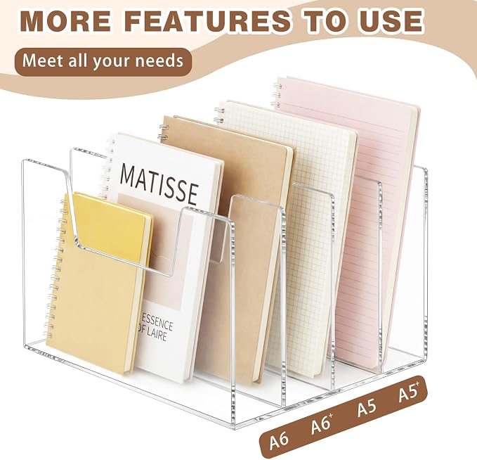 4 Section Clear Acrylic Desktop File Organizer Vertical File Sorter 4mm Thick, Large Capacity Upright Magazine Organizer, Book Paper, Notebooks, Envelopes, Mail Holder