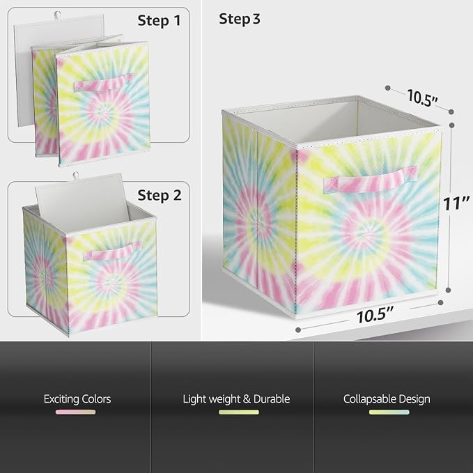 Sorbus Fabric Storage Cubes - 6 Foldable Tie Dye Storage Bins for Organizing Cubbies, Toy Box - Clothes Storage & Closet Organizer - 11 Inch Collapsible Cube Baskets for Shelves with Handle
