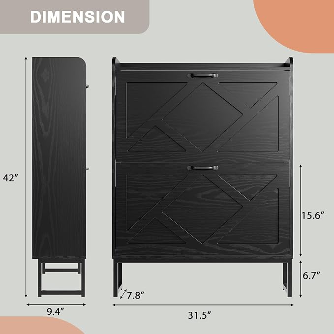Nicetree Shoe Storage Cabinet with 2 Flip Drawers, Entryway Cabinet, Black | Slim Shoe Cabinet with Metal Legs, Narrow Farmhouse Shoe Organizer for Entryway, Foyer, Hallway, Wood Shoe Rack with Hook