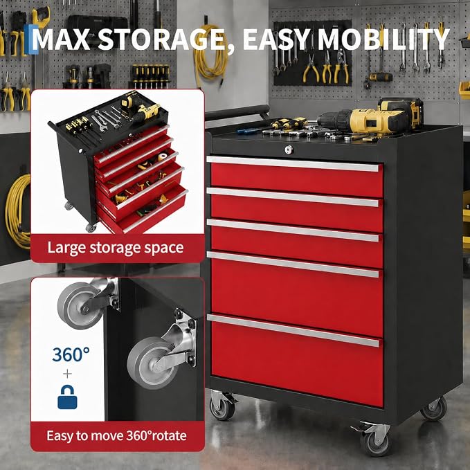 Garvee Rolling Tool Chest, 5 Drawers Tool Storage Cabinet, Toolbox with Wheels, Portable Tool Cabinet Organizer with Locking System & Drawer Liners, Tool Storage Cart for Garage, Workshop, Black＆Red