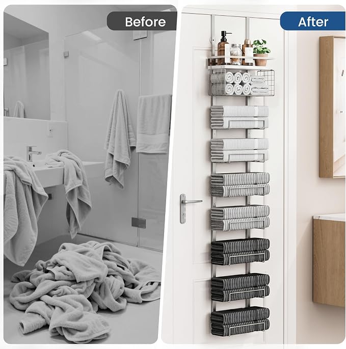 Aetyord Towel Racks for Bathroom Over The Door Towel Racks Towel Storage Organizer with Metal Shelf Basket for Bathroom Rv Camper (9-Tier Silver with White Plank)