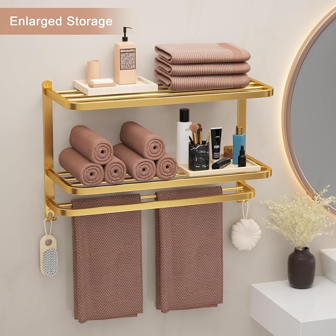23 Inch 3-Tier Gold Towel Racks for Bathroom with Towel Bars Multilayer Hotel Towel Shelf Stainless Steel Wall-Mounted Brushed Finish Holder with Towel Shelves