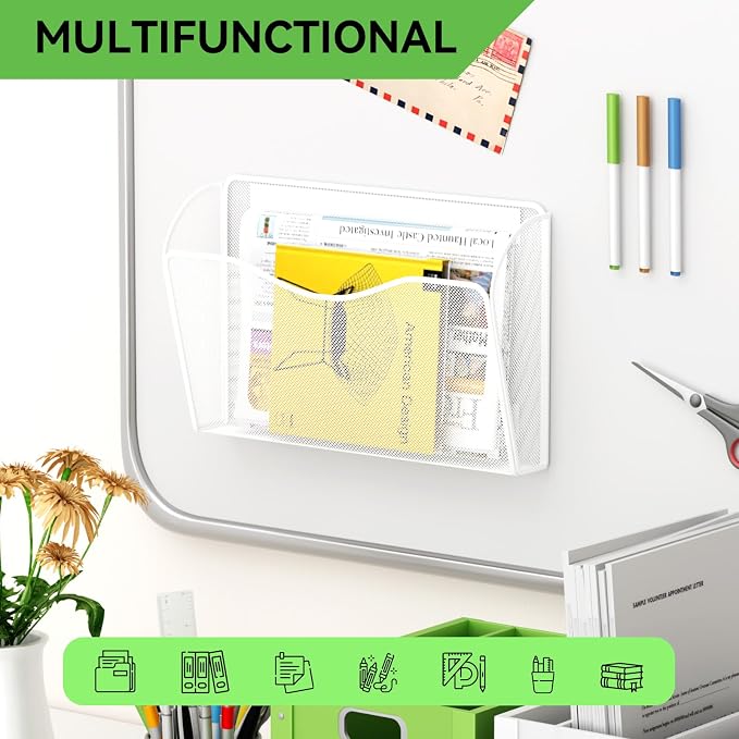 Magnetic File Holder - Heavy Duty Wall File Organizer for Refrigerator & Whiteboard - Strong Magnet Mail Holder & Magazine Rack, No Drilling Document Storage Basket for Office Cabinet