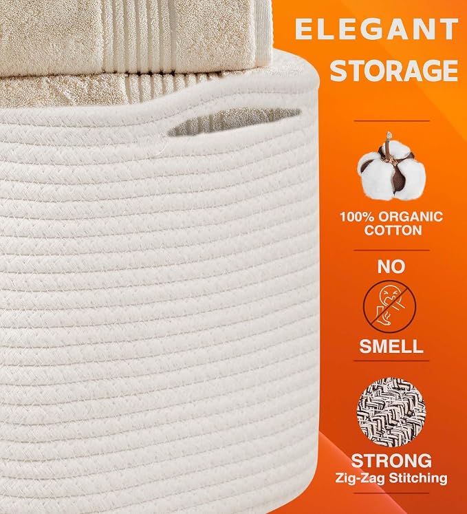 CHAT BLANC Cotton Rope Baskets for Organizing, Shelves, Toys, Storage, Shoe, Bathroom, Laundry, Towel, Nursery, Home Decor, Blanket, Cloth Woven Bins Fabric (Creamy White, 15"x10"x9")