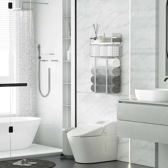 Towel Racks for Bathroom, Bathroom Shelf Over Toilet,Floating Shelves with Towel Rack Paper Holder Storage Basket,Floating Shelves for Wall Decor,Silver