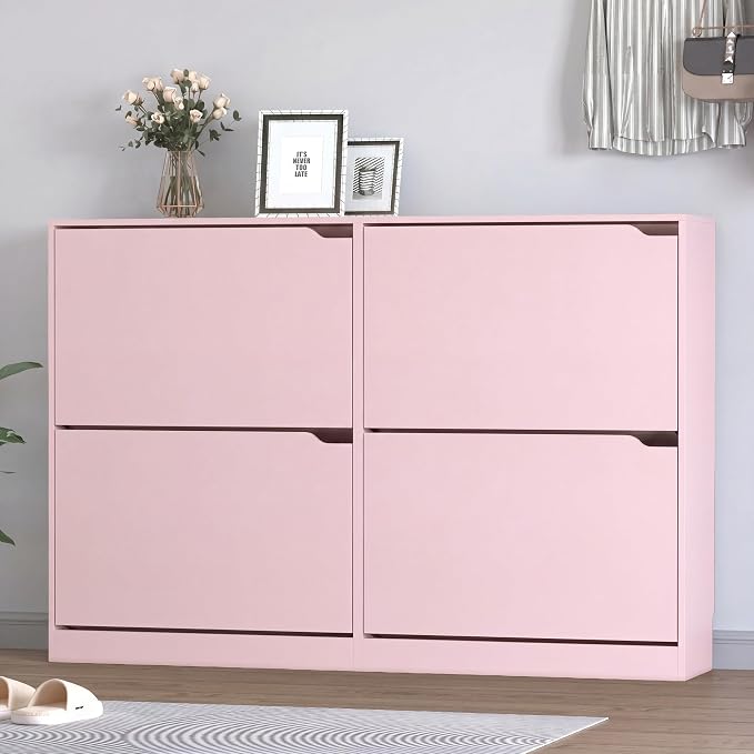 BORNOON Shoe Cabinet with 4 Flip Drawers, Narrow Hidden Shoe Storage Cabinet, Slim Freestanding Shoe Rack Organizer for Entryway, Hallway, Bedroom, Living Room