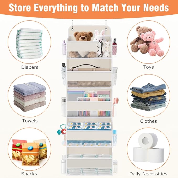 Over The Door Organizer Storage Large Capacity Hanging Bedroom Storage | 5 Shelves, 40 LB Capacity, Foldable Mesh Design, Clear Window, Sturdy, Large Storage Organizer for Nursery, Pantry & Closet