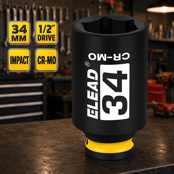 34 mm Socket 1/2" Drive Deep Impact Socket, Metric 6 Point 1/2-inch Drive Impact Axle Nut Sockets, CR-MO Nut Socket Set, Tools for Easy Removal of Axle Shaft Nuts