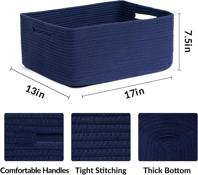 MiniArk Large Storage Baskets for Organizing, 17 x 13 x 7.5” Closet Shelf Baskets for Clothes Blanket Towels, Baby Nursery, Toy Bins Box, Woven Rope Baskets, 4 Packs Navy Blue