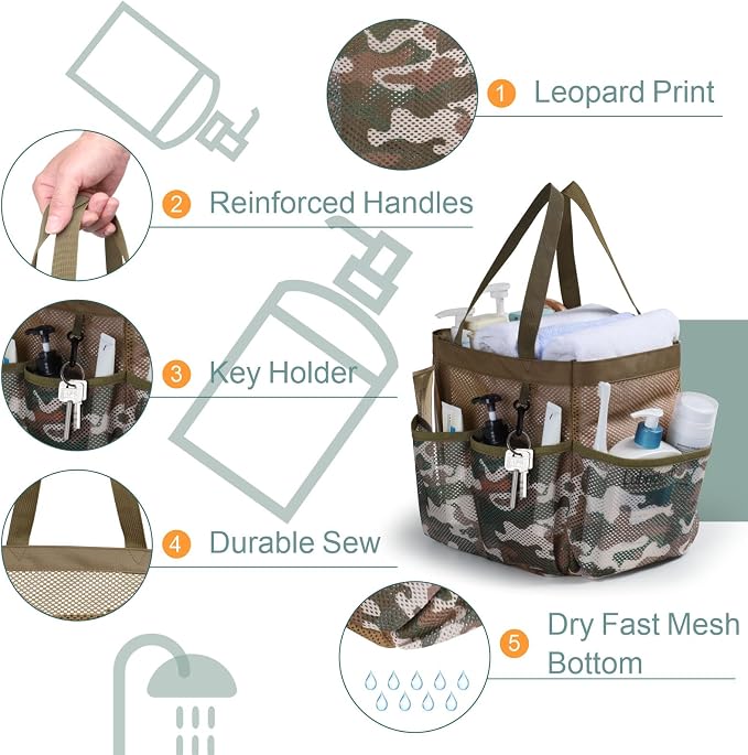 Mesh Shower Caddy Portable - 8 Pockets, S-Hook, Shower Bag for Dorm Camping | 2-Handle, Quick-Dry, Toiletry Organizer, College Dorm Room Essentials for Girls, Gym, Travel & Bathroom, Brown Camouflage