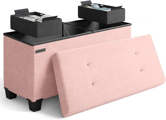 Storage Ottoman Bench with Bins, 30-in Storage Bench for Bedroom End of Bed, Folding Foot Rest Ottoman for Living Room Max 660lbs, Fabric Ottomans, Pink