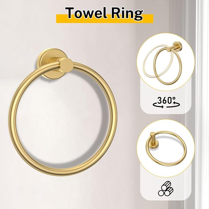 Brushed Gold Bathroom Hardware Set 5 Pieces Towel Bar Set Round Towel Holder Set for Bathroom,Upgraded Toilet Paper Holder with Shelf,Stainless Steel Wall Mounted 23.6 Inch