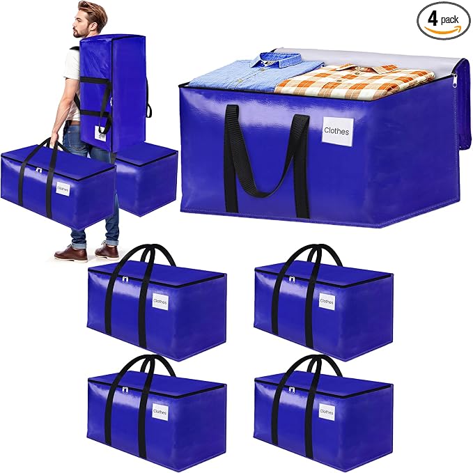 4-Pack Moving Bags with Backpack Straps & Carry Handles, 25 Gallons-93 L Heavy Duty Storage Totes for Space Saving, Foldable Storage Bags for College Dorm, Travel, Camping (Blue)