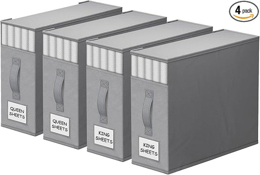 StorageTastic Bed Sheet Closet Organizers and Storage Under Bed Storage | Foldable Storage Containers with Window and Label,Storage and Organization for Bedding Sheets,Duvet Covers,Blankets,4 Pack