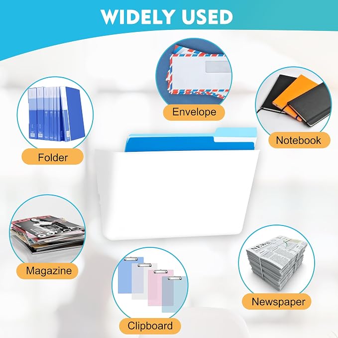 EASEPRES 4 Pack White Plastic Single Pocket Hanging File Organizer, Wall Mount Paper Mails Magazines Holder, Mounted Folder Bins for Office, School and Home, 12.99x4.13x7.48 inches
