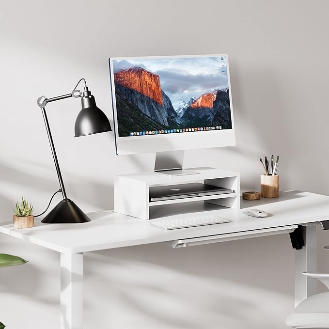 FITUEYES Wooden Monitor Stand Riser, 2-Tier Desk Storage Shelf, White | 16.7-Inch Desktop Organizer Fits Laptop, Computer Screen and Office Supplies