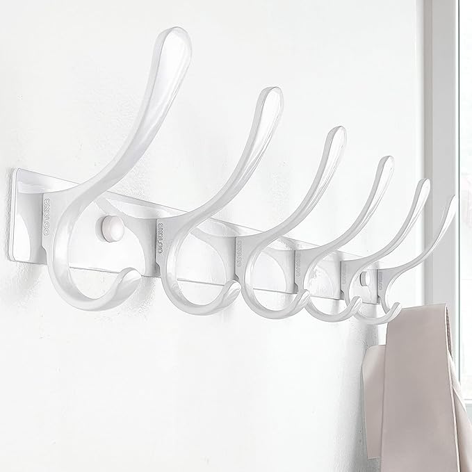 SKOLOO Heavy Duty Wall Mounted Coat Rack - 6 Hooks, Stainless Steel, Sturdy Coat Hooks for Hanging Clothes, Jacket, Hat, White