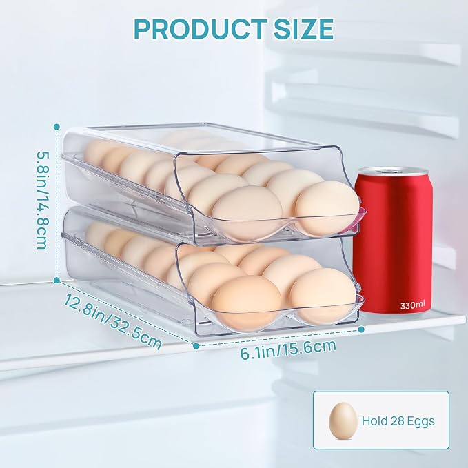 Vtopmart 2 Pack Egg Holder for Fridge, Automatic Rolling Egg Container | Stackable Clear 14-Count Eggs Organizer with Removable Inner Tray, Egg Storage for Refrigerator, Space Saving