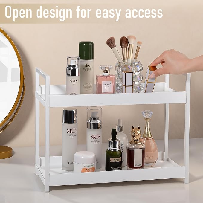 Bathroom Counter Organizer Vanity Storage Countertop Shelf, Large White | 2 Tier Makeup Organizer Perfume Tray Skincare Holder for Sink, Dresser, Kitchen