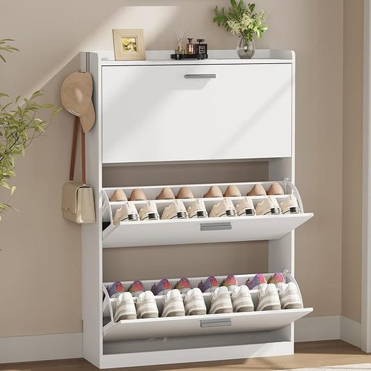 Shoe Cabinet Organizer with 3 Flip Drawers,Narrow Shoe Rack 31.5" W White | Freestanding shoe storage cabinet for entryway,foyer and hallway, space-saving flip drawers,Adjustable Shelves & 2 Hooks