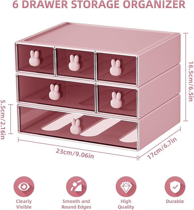 Marbrasse Desk Organizer with 6 Drawers, 3 Tier Stackable Storage Drawers Plastic Makeup Storage, Office Organizers and Storage, Desk Storage Box for Office, School, Home Pink