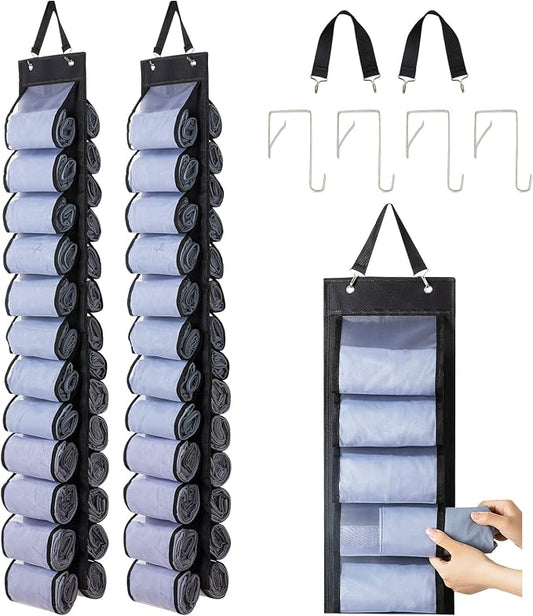 DHSFKBE Legging Organizer Storage - 2PCS T Shirt Organizer, Hanging Closet Organizers and Storage with 26 Roll Independent Compartments for Yoga Pants, Towel, Bathing Suit (Black)