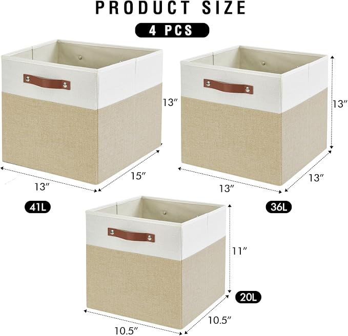 Bagnizer 13x15x13 Storage Cube Bins, Foldable Storage Organizer Baskets, Fabric Cube Storage Boxes with 2 Reinforced PU Handles for Kallax, Shelves, Living Room | 4 Pack, Beige & White