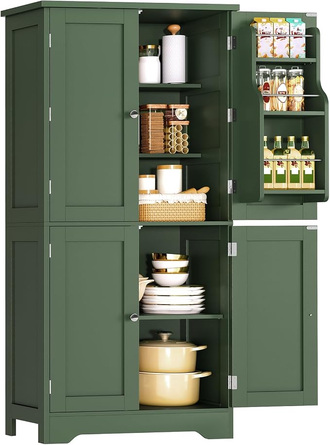 51" H Pantry Cabinet with 4 Doors, Kitchen Cabinet with 6 Door Shelves, Kitchen Pantry for Living Room, Dining Room, Bathroom, Green
