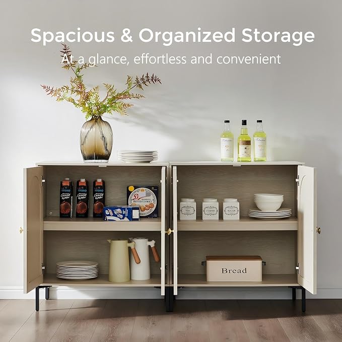 IFGET 61.75" W Modern Arched Sideboard Buffet Cabinet with Storage, Cream | Fluted Arch Sideboard Cabinet w/Adjustable Shelves, Wooden Modular Kitchen Cabinet for Dining& Living Room, Kitchen, Entryway