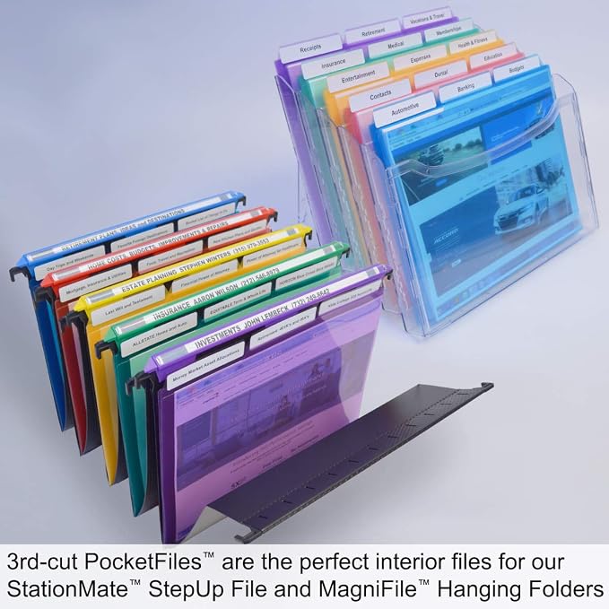 Ultimate Office PocketFile Clear Document Folders, 3rd-Cut, Set of 36 | Clear poly project pockets in 6 assorted colors; letter size; sort, color-code, and protect documents without punching