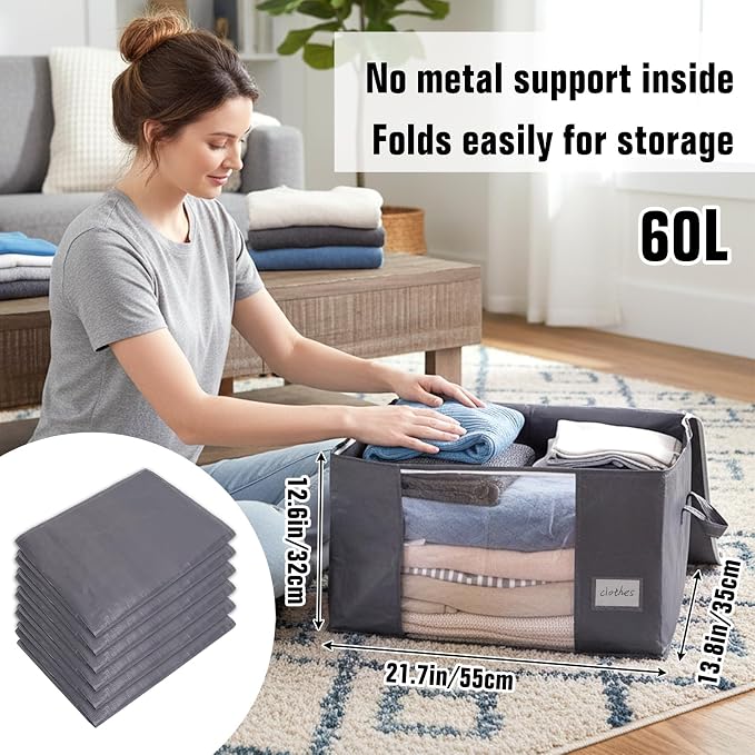 Blanket Storage Bags 6 Pack 60L Clothes Closet Organizer Containers PE | High-Strength PE, Reinforced Handle, Dual-Slider Zipper, Clear Window and Label Pocket, Ventilated Foldable Design