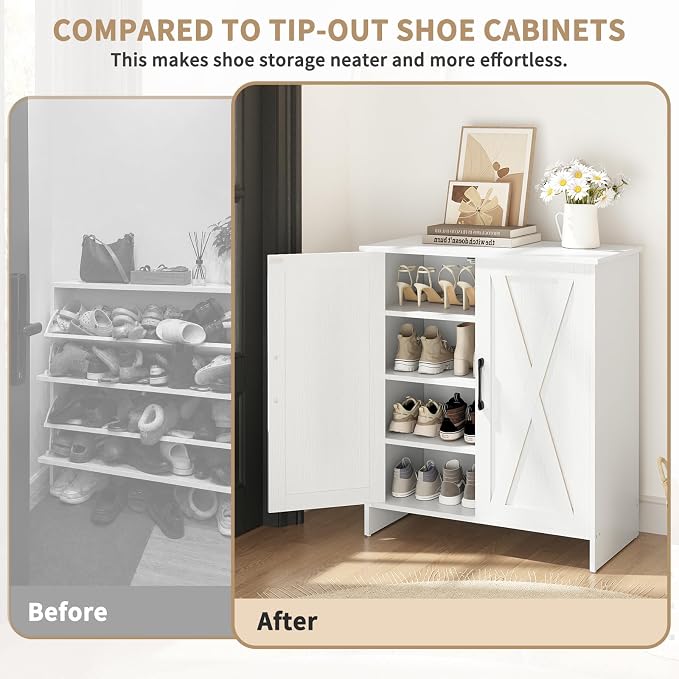 Farmhouse Shoe Storage Cabinet with Doors, 5-Tier Wooden Shoe Cabinet Organizer with 3 Adjustable Shelves, Shoe Rack Shoe Cabinet for Entryway, Hallway, White