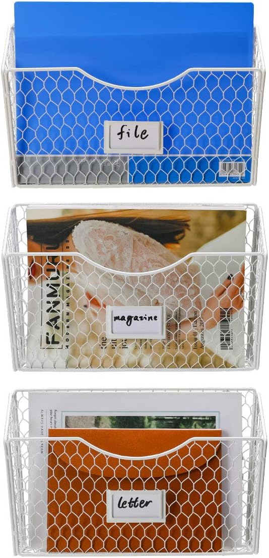 3 Pockets Hanging File Holder Wall Mount Mail Organizer Metal Chicken Wire Magazine Rack with Tag Slot, White