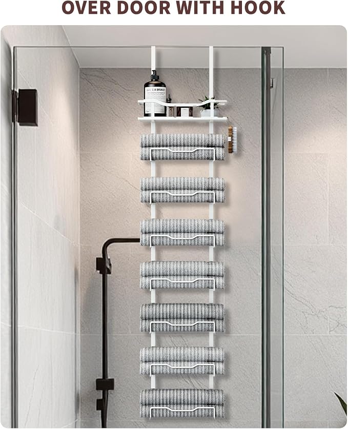 Aetyord Hanging Towel Racks for Bathroom Storage | 6-Tier Over The Door Bath Towel Storage Organizer with Metal Shelf Basket for Small Bathrooms RV Camper White