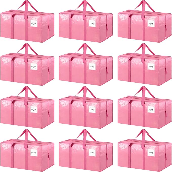 12 Pack Extra Heavy Duty Large Moving Bags with Strong Zipper & Comfortable Handles, Sturdy & Durable Clothes Storage Bags Totes Bins, Packing Moving Boxes for College Supplies, Pink