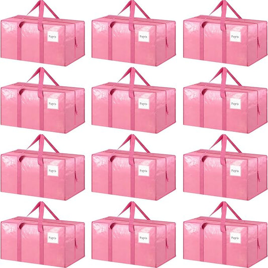12 Pack Extra Heavy Duty Large Moving Bags with Strong Zipper & Comfortable Handles, Sturdy & Durable Clothes Storage Bags Totes Bins, Packing Moving Boxes for College Supplies, Pink