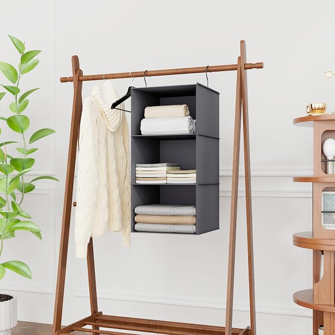 Hanging Closet Organizer 3-Shelf, Oxford Fabric Wardrobe Storage, Dark Gray | Easy-mount foldable design holds clothes, handbags, shoes & accessories; washable Oxford fabric, sturdy and space-saving.