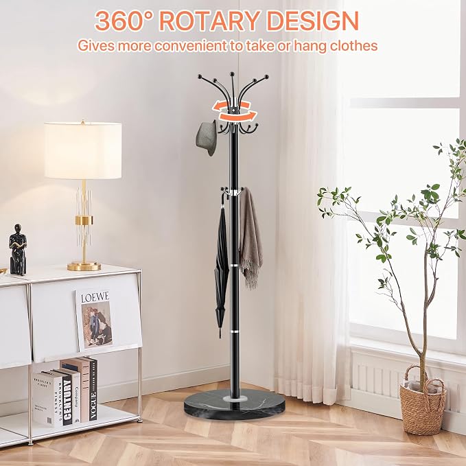 ZOZOE Metal Coat Rack Stand, Modern Coat Rack Freestanding with Natural Marble Base, 360° Rotary Design Coat Racks with 14 Hooks, Black Coat Tree Hanger Stand for Bags, Hats, Entryway, Office