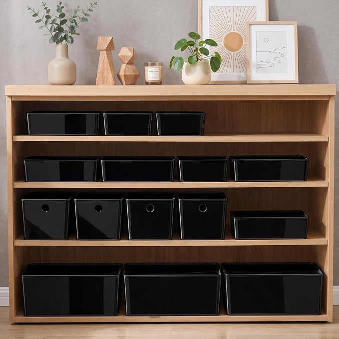 Soddeph 4 Pack Thick Plastic Storage Box with Lid, Durable Stackable Storage Bins, Hard Plastic Organizer Baskets for Home Office,Storage Containers.10.2" x 7" x 3.1" (Black with Lid)