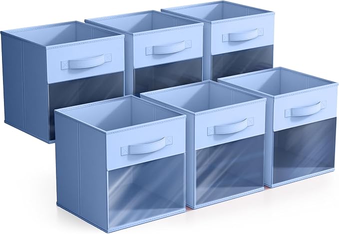 Sorbus 11 Inch Storage Bins with Clear Window - 6 Foldable Baskets for Organizing Clothes, Toys, Books - Sturdy Collapsible Fabric Storage Cubes with Handle - Storage Baskets for Shelves, Closets