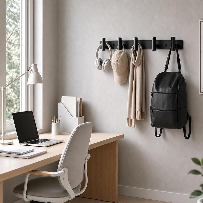 Coat Rack Wall Mounted with 5 Hooks,Heavy Duty Stainless Steel Wall Hooks for Towel Coat Bag, Hat Rack Coat Hanger Coat Hooks Towel Racks for Bathroom Entryway Kitchen Hotel (Black, 2 Packs)