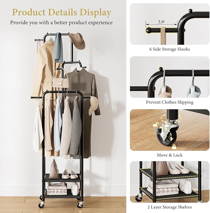 Chrislley Small Clothing Rack With Wheels & 2 Shelves, Narrow Clothes Rack | 3-Section Different Heights Metal Rolling Garment Rack, 71" Tall Portable Coat Rack with 6 Hooks for Bedroom, Entryway, Black