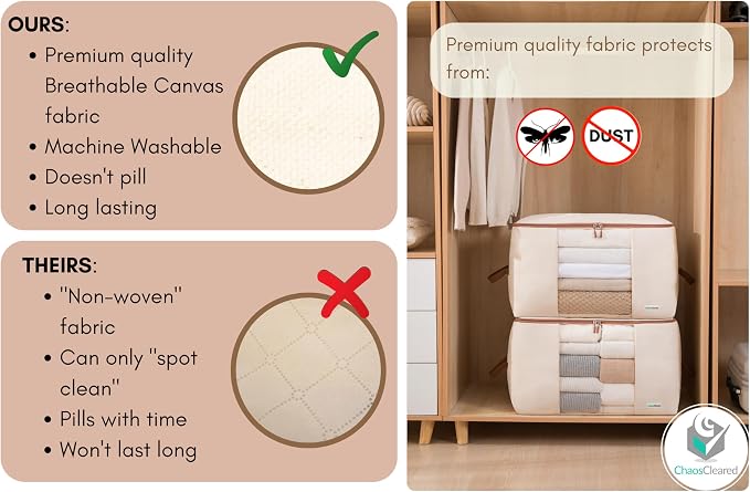 Chaos Cleared Canvas Storage Bags Designer Organizer for Comforters 2 Pack – Seasonal Storage for Pillows, Blankets, Linens & Garments – Foldable Design with Zip & Window, Moth-Proof Space Saver