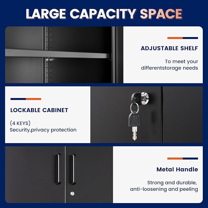 Yizosh Metal Storage Locking Cabinet with 4 Doors and 2 Adjustable Shelves,71" Lockable Garage Tall Steel Cabinet,for Home Office,Living Room,Pantry,Gym,Commercial Storage (Black)