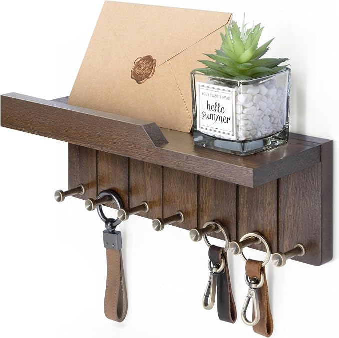 Rebee Vision Key Holder Wall Mount with Shelf for Room Decor, Rustic Brown | Key and Mail Holder for Wall, 7 Key Hooks, Shelf Organizer, key Hanger Apartment Essentials, Aesthetic Home Decor, Storage