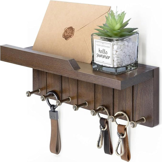 Rebee Vision Key Holder Wall Mount with Shelf for Room Decor, Rustic Brown | Key and Mail Holder for Wall, 7 Key Hooks, Shelf Organizer, key Hanger Apartment Essentials, Aesthetic Home Decor, Storage