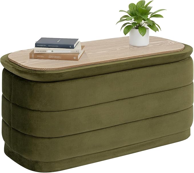 B FSOBEIIALEO Velvet Storage Ottoman with Tray, Folding Ottoman with Storage Coffee Table Shoes Bench for Dorm Room, Living Room Olive, 30"x15"x15"