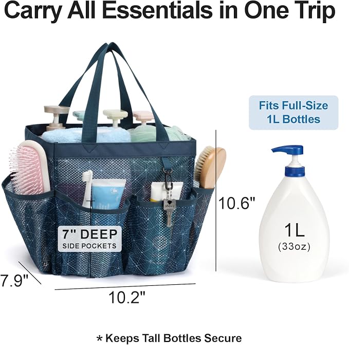 Mesh Shower Caddy Portable - 8 Pockets, S-Hook, Shower Bag for Dorm Camping | 2-Handle, Quick-Dry, Toiletry Organizer, College Dorm Room Essentials for Girls, Gym, Travel & Bathroom, Starlight Navy